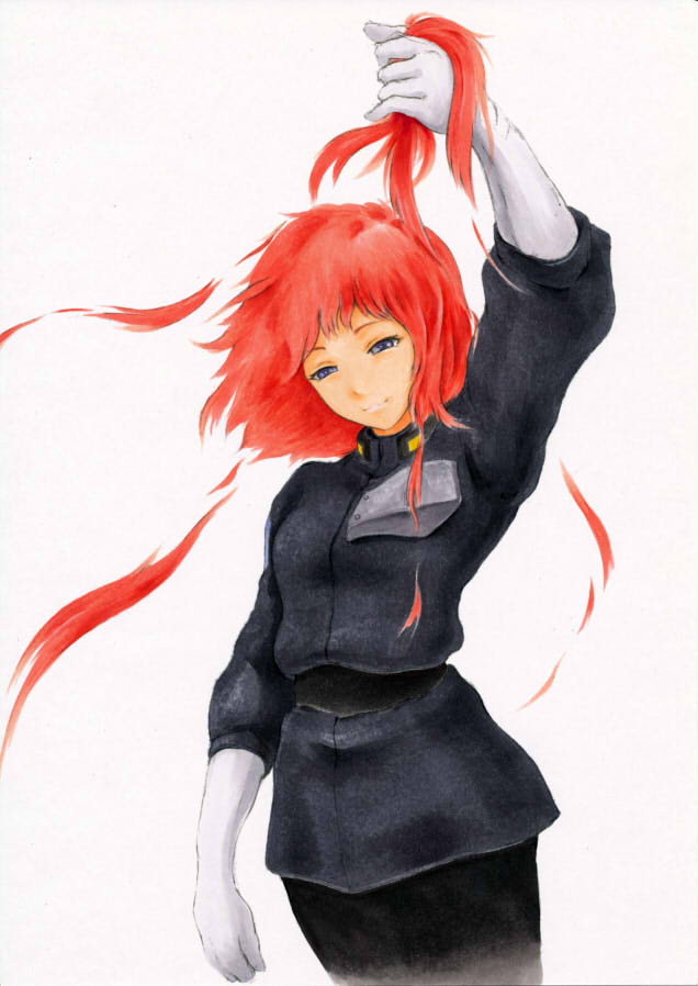 1girl, belt, black_belt, breasts, clenched_hand, floating_hair, gaw_ha_leecee, gloves, grey_eyes, heavy_metal_l-gaim, holding, holding_hair, looking_down, marker_(medium), narakenmin, redhead, small_breasts, smile, solo, traditional_media, uniform, white_background, white_gloves
