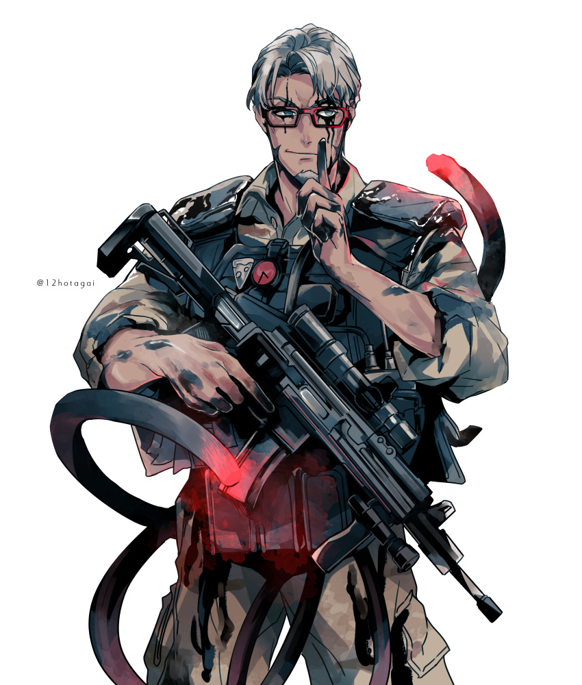 1boy, apex_legends, arurandis, facial_hair, glasses, goatee, grey_hair, gun