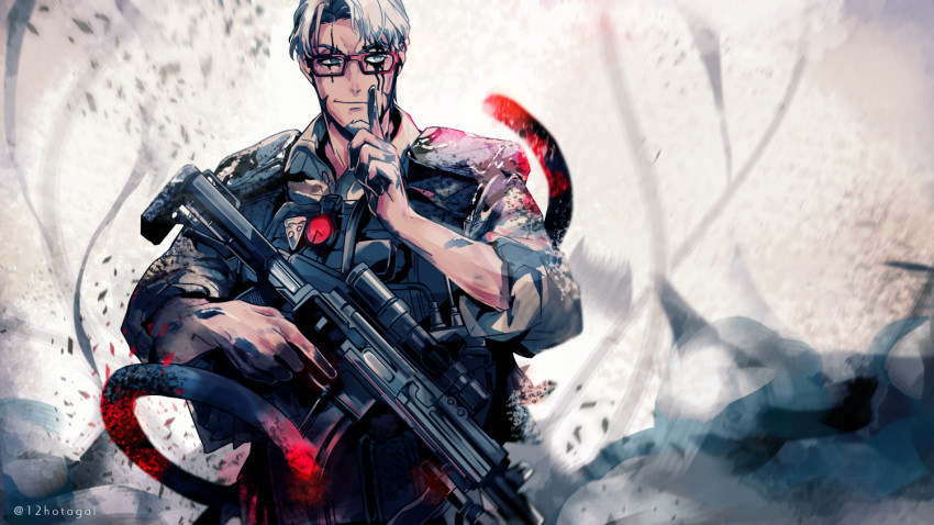 1boy, apex_legends, arurandis, facial_hair, glasses, goatee, grey_hair, gun