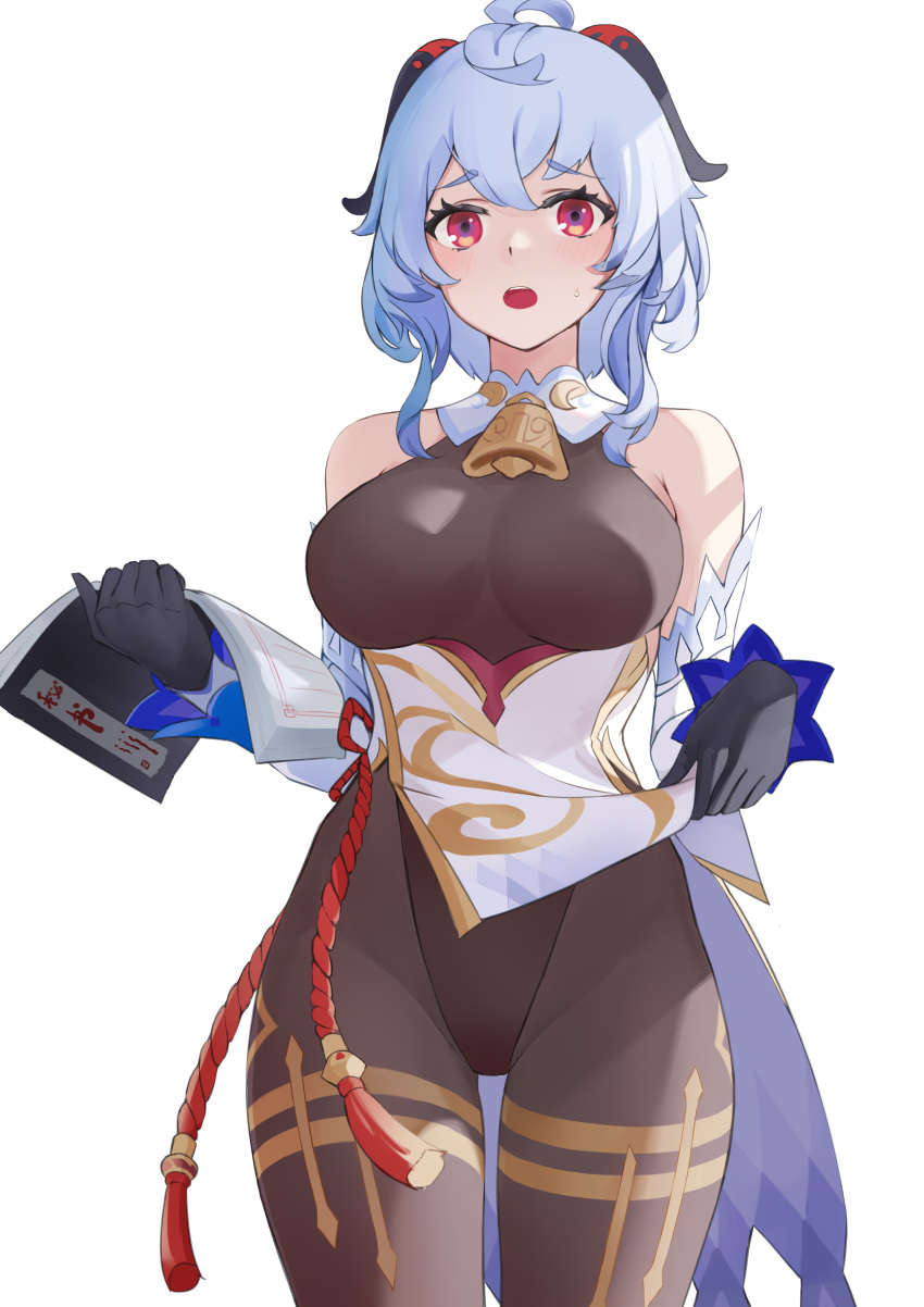 1girl, :o, absurdres, bare_shoulders, bell, black_legwear, blue_hair, blush