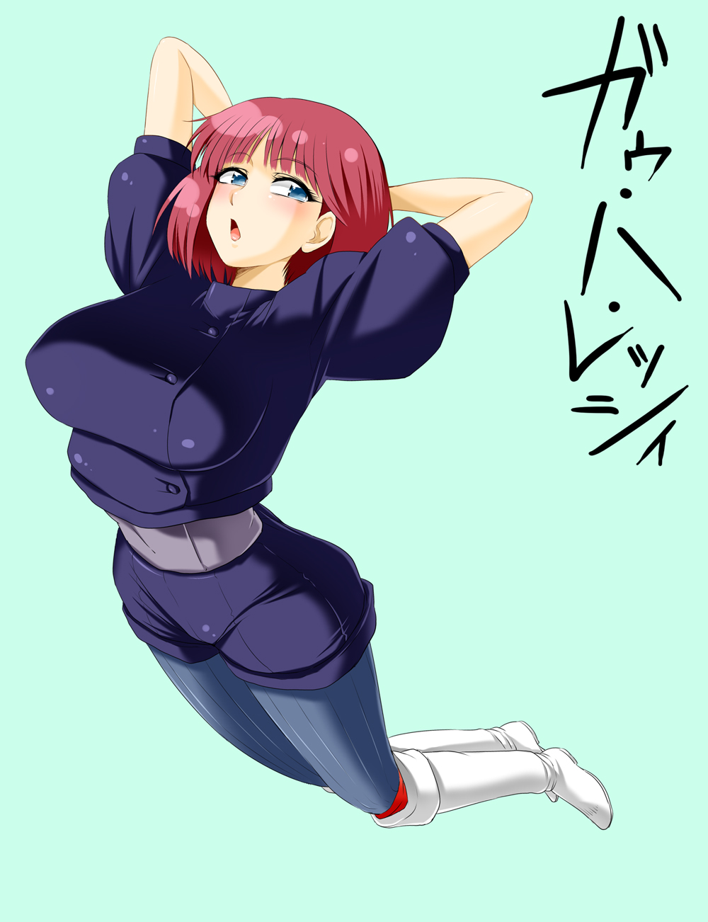 1girl, :o, arms_behind_head, black_shorts, blue_background, blue_eyes, boots, breasts