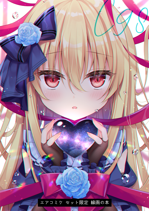1girl, bangs, blonde_hair, blue_bow, blue_dress, blue_flower, blush, bound