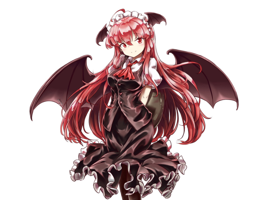 1girl, ahoge, alternate_headwear, arms_behind_back, ascot, bandaid, bandaid_on_wing, bat_wings