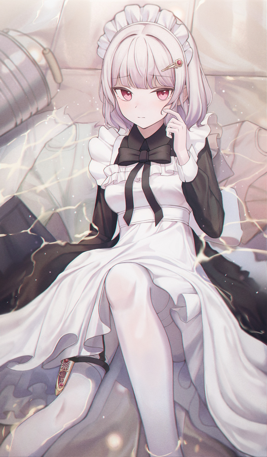 1girl, apron, bangs, black_bow, black_dress, black_neckwear, blunt_bangs, bow