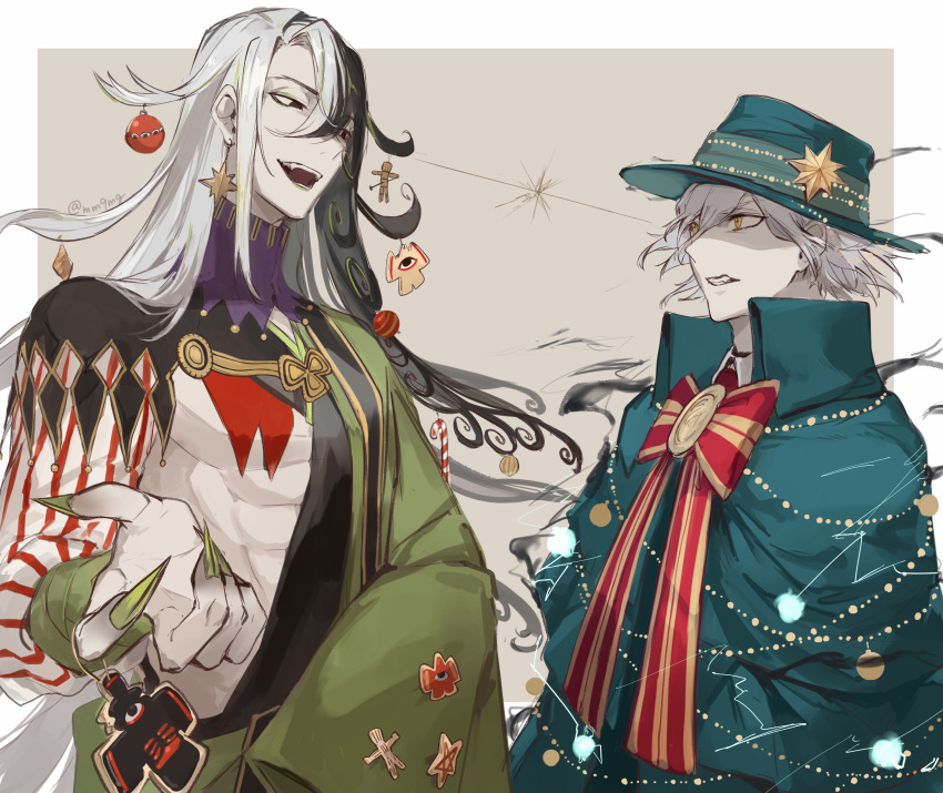 2boys, absurdres, ashiya_douman_(fate), asymmetrical_clothes, asymmetrical_hair, bell, black_eyes, black_hair