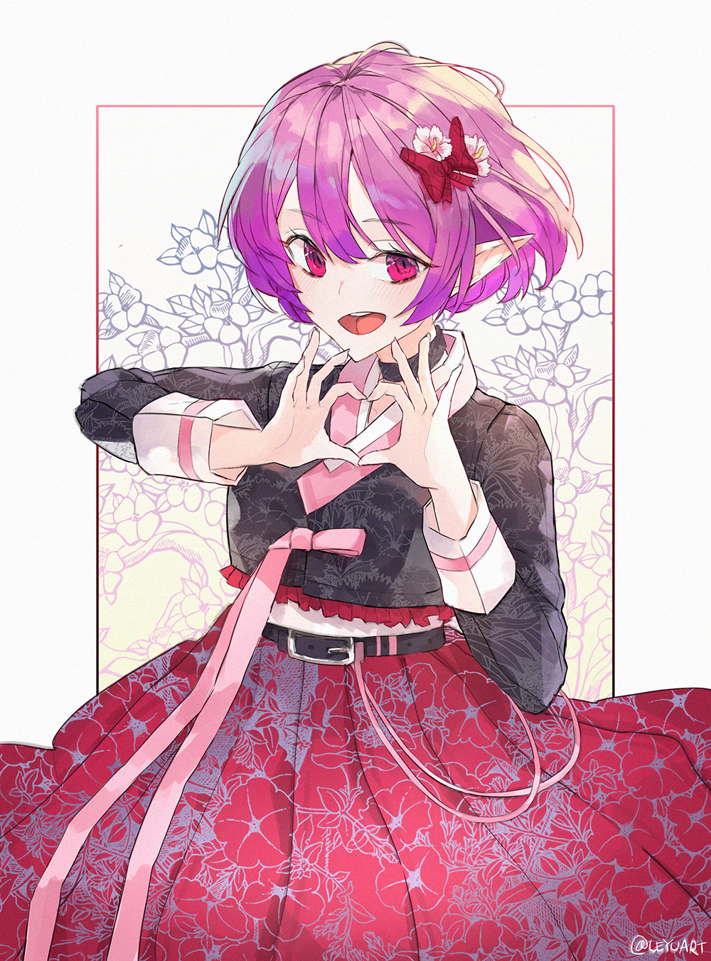 1girl, elf, flower, hair_ribbon, hat, hat_flower, heart, highres