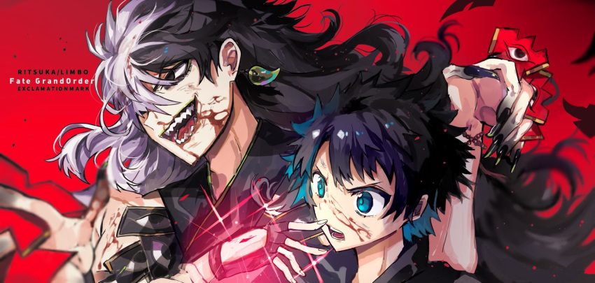 2boys, alternate_hairstyle, ashiya_douman_(fate), asymmetrical_hair, bell, bishounen, black_eyes, black_hair
