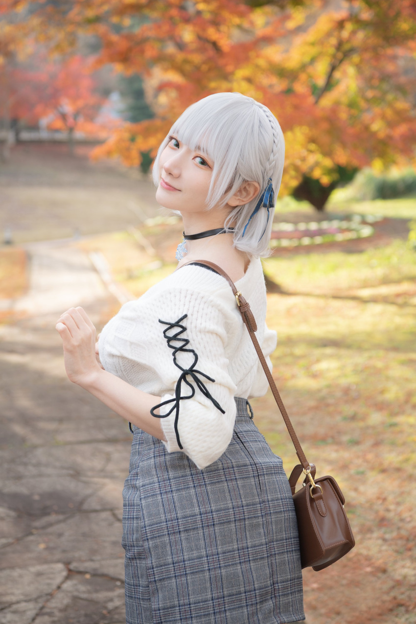 1girl, absurdres, autumn, bag, black_choker, blurry, blurry_background, braid, breasts, choker, cosplay, crown_braid, hair_behind_ear, handbag, highres, hololive, large_breasts, looking_at_viewer, looking_back, photo_(medium), plaid, plaid_skirt, shirogane_noel, shirogane_noel_(cosplay), skirt, smile, solo, sweater, sweater_tucked_in, totomi_o_kanjite_sakurai, virtual_youtuber, white_hair