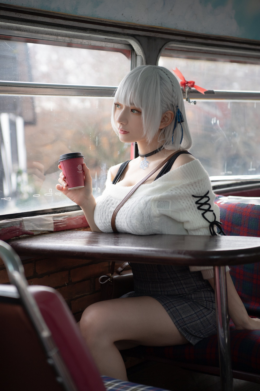 1girl, absurdres, bag, black_choker, breast_press, breasts, choker, coffee_cup, cosplay, cup, disposable_cup, drink, green_eyes, hair_behind_ear, handbag, highres, holding, holding_drink, hololive, large_breasts, looking_to_the_side, looking_up, parted_lips, photo_(medium), plaid, plaid_skirt, restaurant, shirogane_noel, shirogane_noel_(cosplay), short_hair, sitting, skirt, solo, totomi_o_kanjite_sakurai, virtual_youtuber