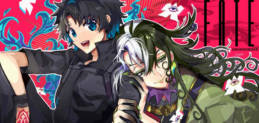 2boys, androgynous, arm_grab, ashiya_douman_(fate), asymmetrical_clothes, asymmetrical_hair, bell, bishounen