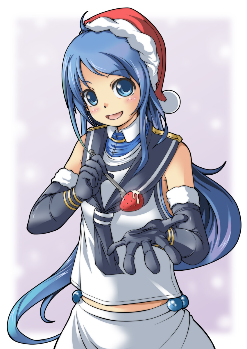 black_gloves, blue_eyes, blue_hair, cream, elbow_gloves, food, fork, fruit