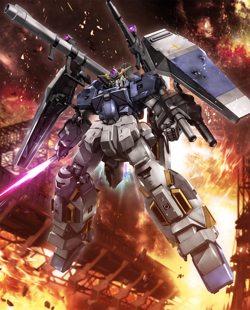 arm_cannon, beam_saber, bull-g, clenched_hand, explosion, floating, gundam, gundam_thunderbolt