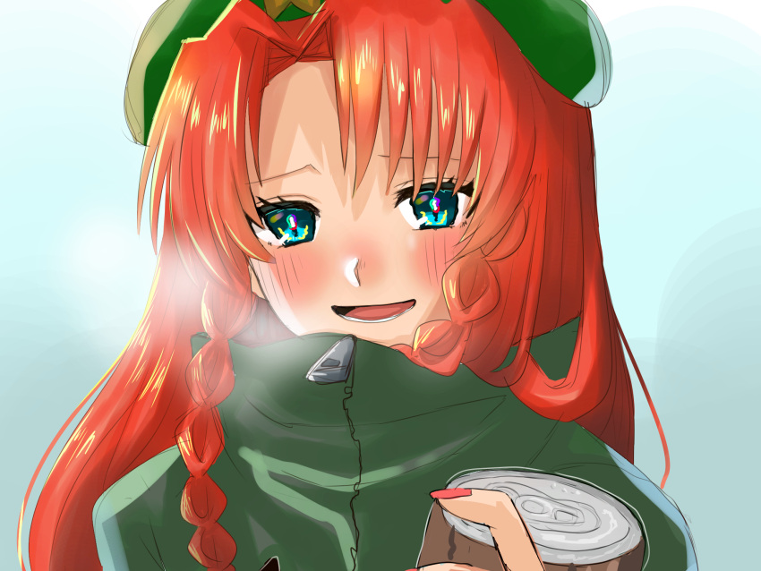 blue_eyes, blush, braid, can, coat, eyebrows_behind_hair, green_coat, green_headwear