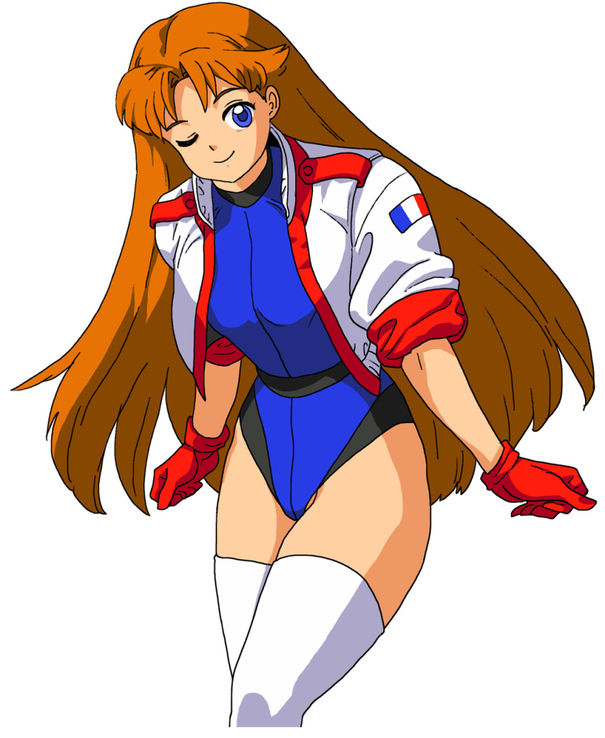 1girl, belt, blue_eyes, blue_leotard, brown_hair, commentary_request, cropped_jacket, french_flag