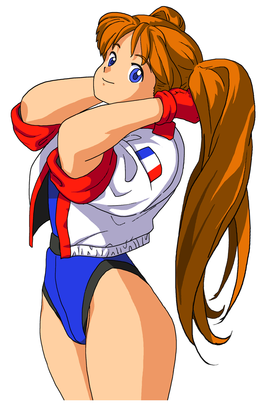 1girl, arms_up, belt, blue_eyes, blue_leotard, brown_hair, commentary_request, cropped_jacket