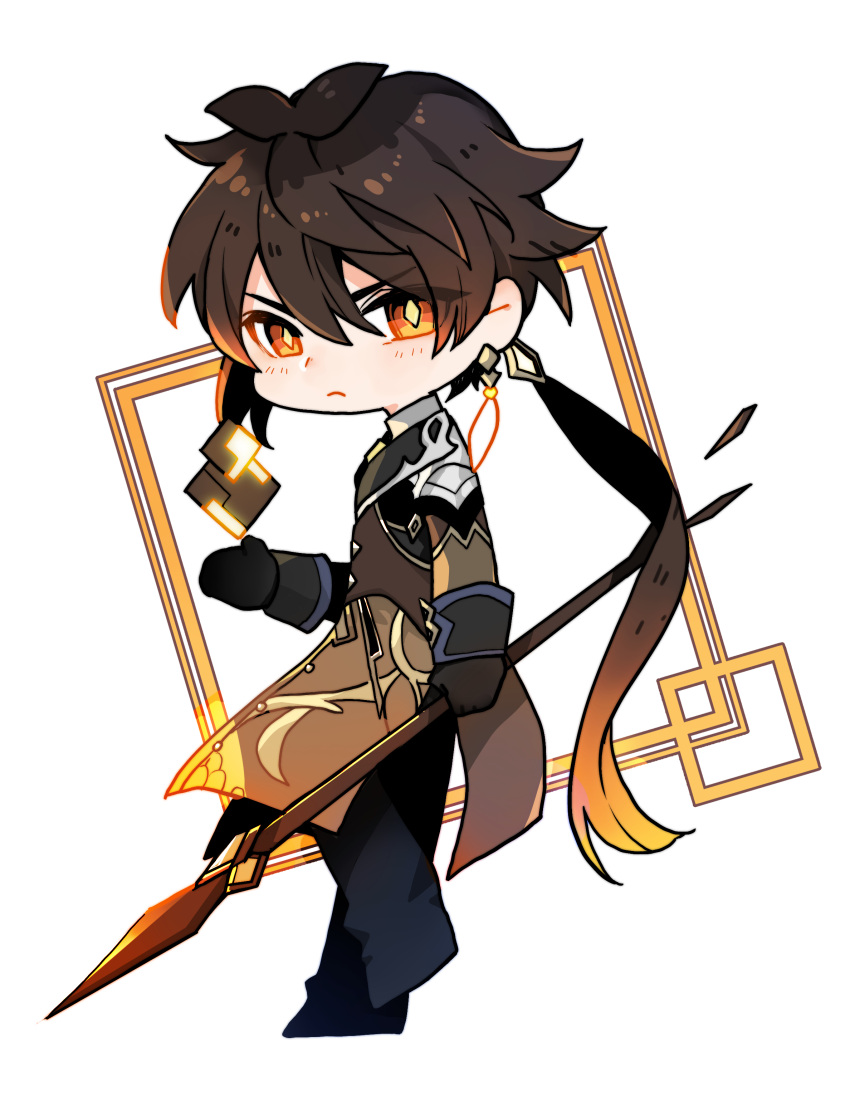 1boy, absurdres, bangs, black_gloves, black_hair, blush, brown_hair, chibi, closed_mouth, earrings, floating, floating_object, formal, genshin_impact, gloves, hair_between_eyes, highres, hmkang07, holding, holding_weapon, jacket, jewelry, long_hair, long_sleeves, looking_at_viewer, male_focus, multicolored_hair, polearm, ponytail, simple_background, single_earring, solo, spear, standing, standing_on_one_leg, suit, tassel, tassel_earrings, weapon, yellow_eyes, zhongli_(genshin_impact)