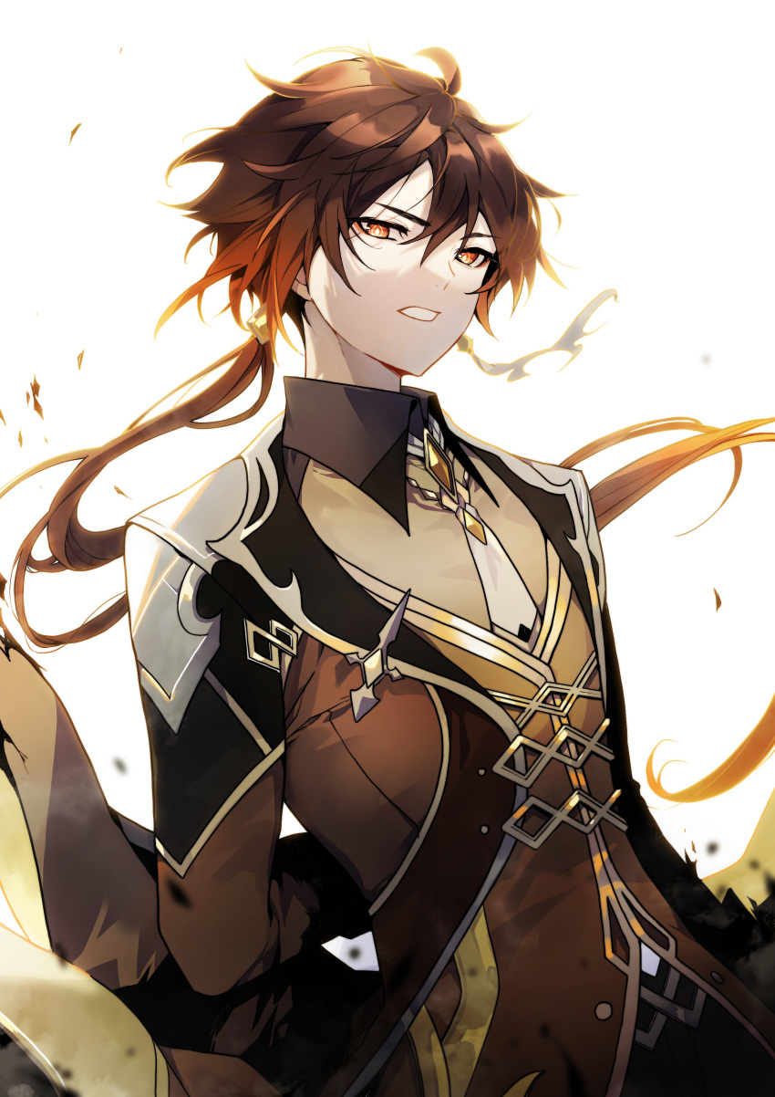 1boy, absurdres, arm_behind_back, bangs, black_hair, brown_hair, collar, earrings