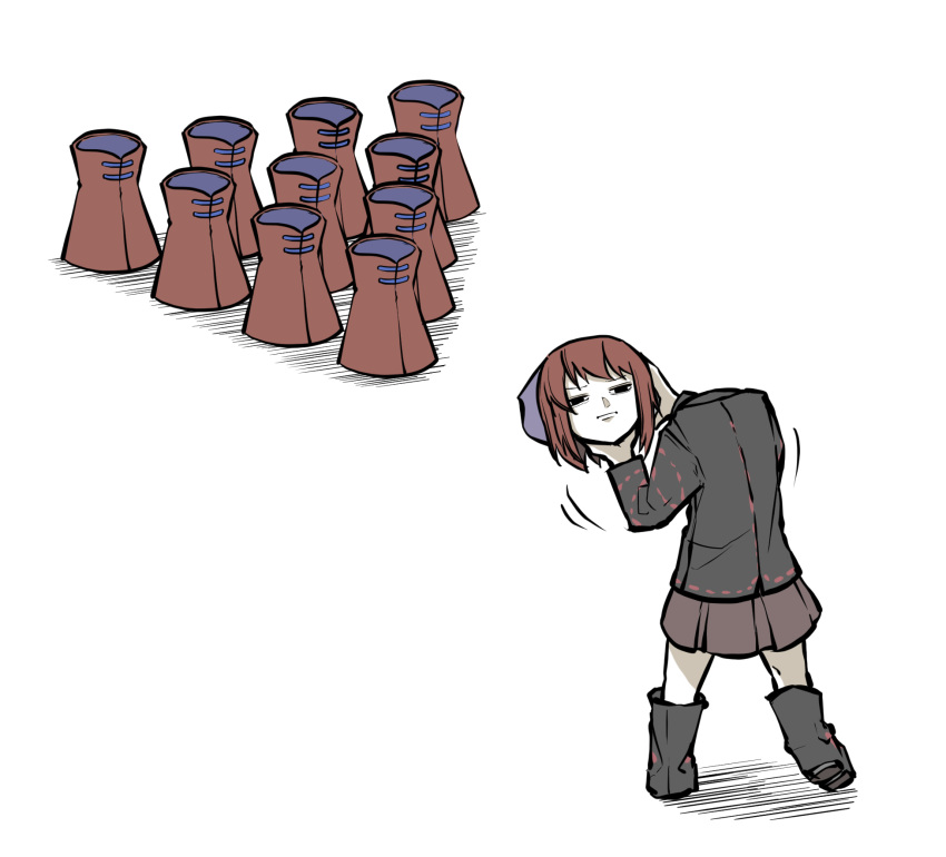 1girl, bangs, black_eyes, black_footwear, black_shirt, blue_bow, bow, bowling