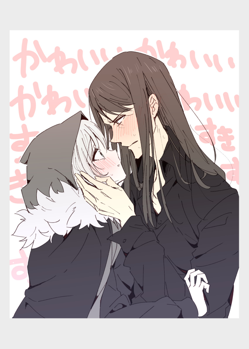 1boy, 1girl, bangs, black_cape, black_shirt, blush, brown_hair, cape