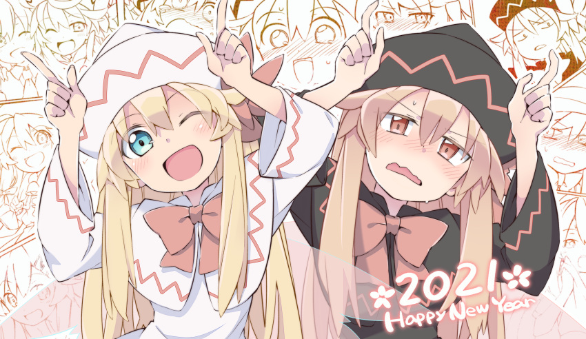 2021, 2girls, ;d, annoyed, arms_up, black_capelet, black_dress, black_headwear