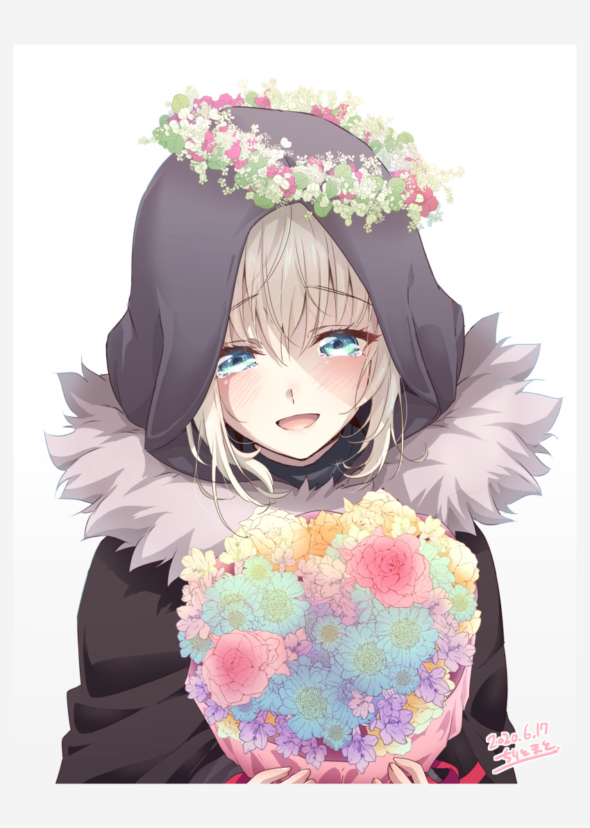 1girl, bangs, blue_eyes, blue_flower, blush, bouquet, cape, chiri_to_mato