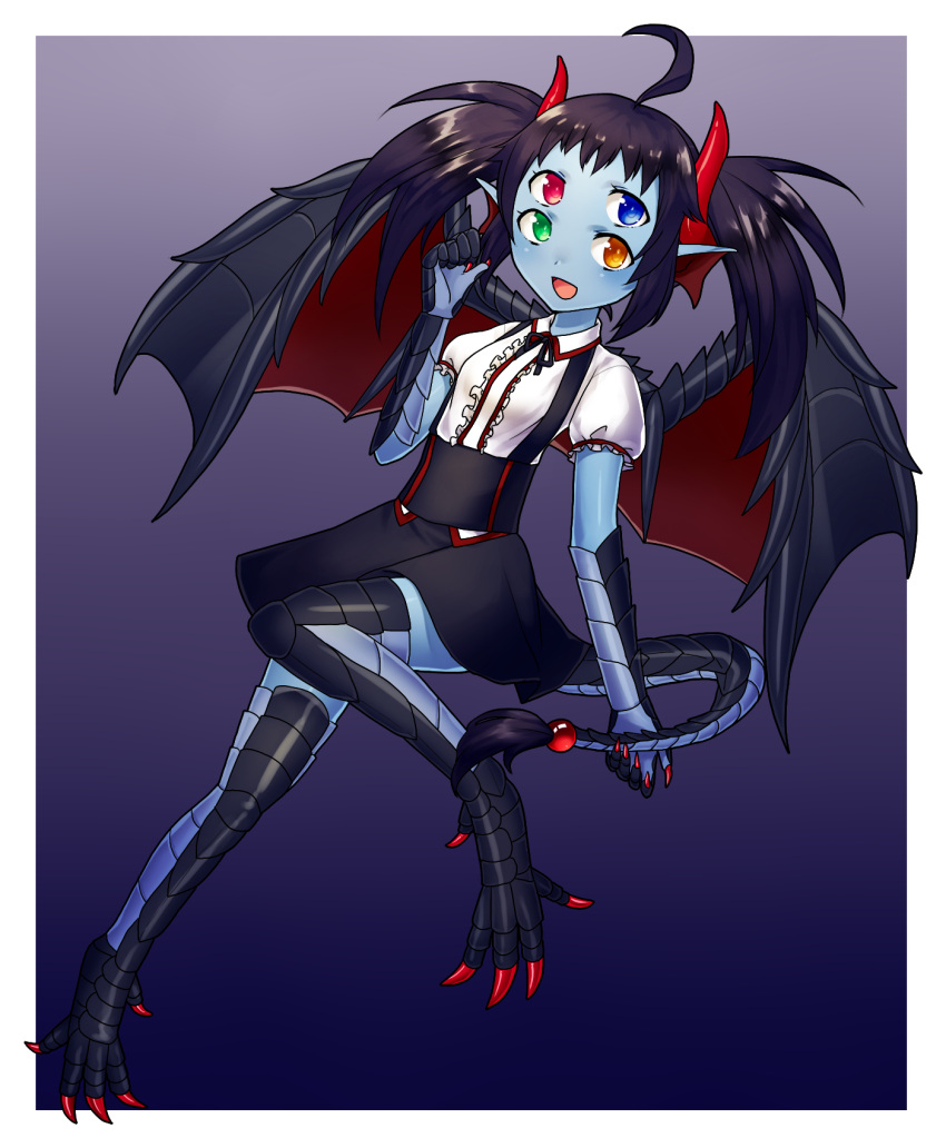 1girl, :d, barefoot, black_skirt, blue_eyes, blue_skin, border, claws