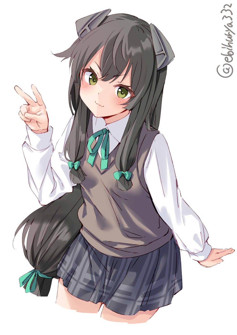 1girl, alternate_costume, black_hair, blush, brown_vest, collared_shirt, cowboy_shot, ebifurya