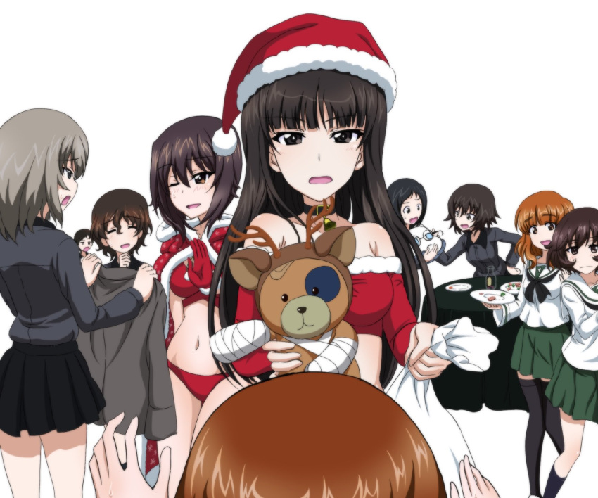 6+girls, akaboshi_koume, akiyama_yukari, animal_costume, bangs, bikini, black_eyes, black_hair