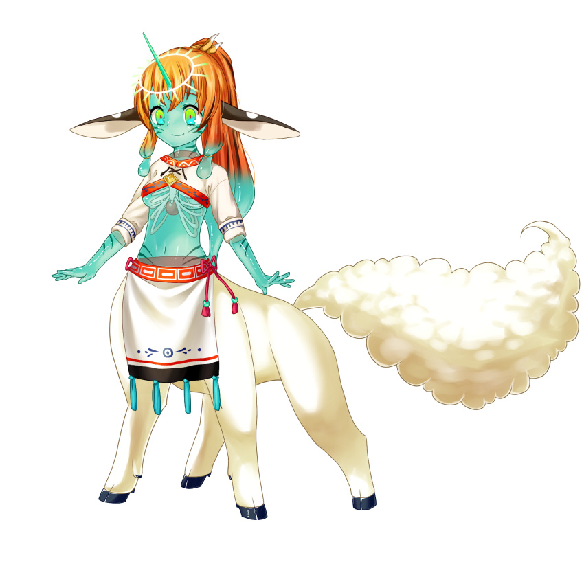 1girl, animal_ears, blue_eyes, breasts, centauroid, closed_mouth, colored_skin, core