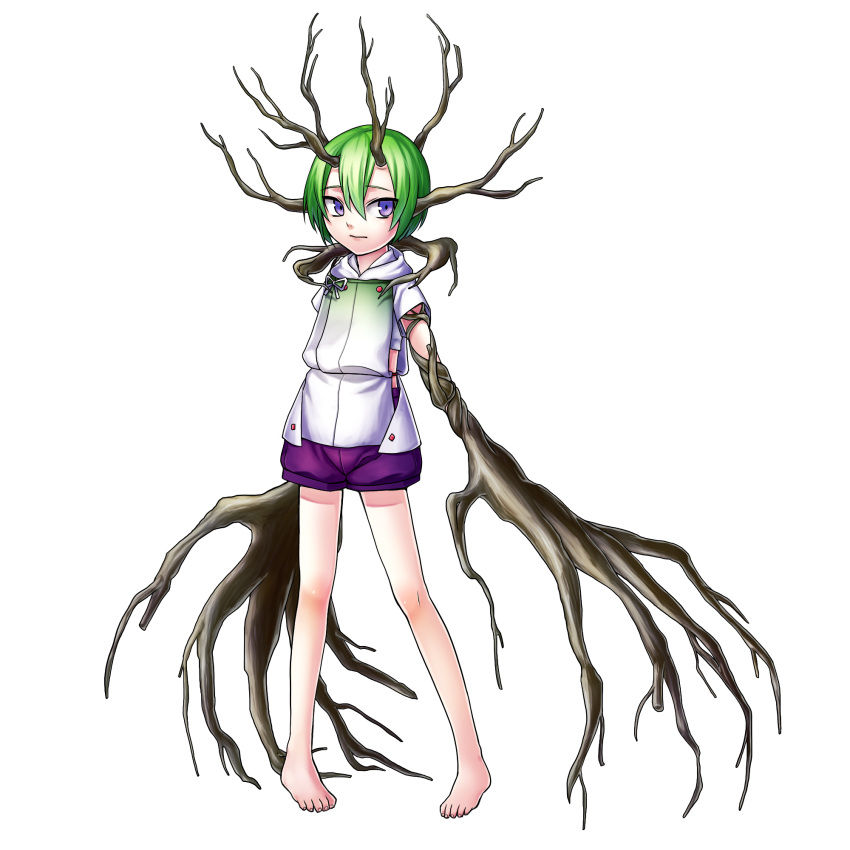 1girl, barefoot, closed_mouth, full_body, green_hair, highres, horns, looking_at_viewer, meltyhip, monster_girl, original, oversized_forearms, oversized_limbs, plant_girl, purple_shorts, short_hair, shorts, solo, transparent_background, violet_eyes