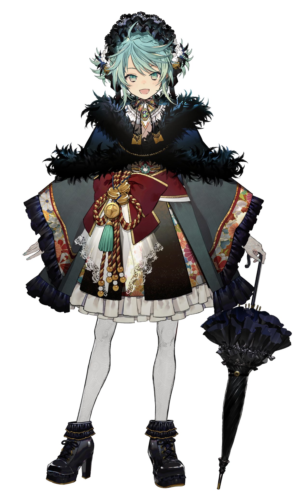 1boy, bangs, bell, black_shawl, brooch, closed_umbrella, feather-trimmed_shawl, feather_trim