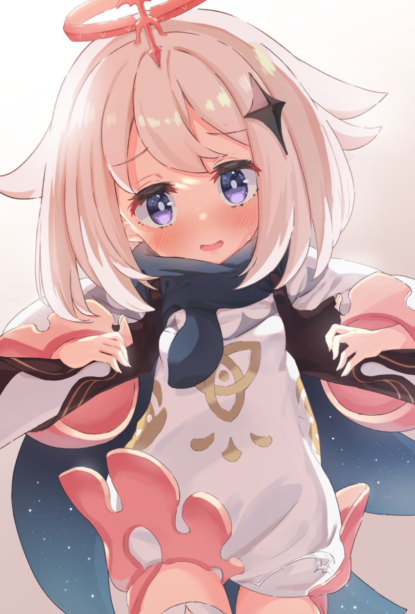 1boy, 1girl, aether_(genshin_impact), asymmetrical_legwear, blue_eyes, blush, cape, capelet