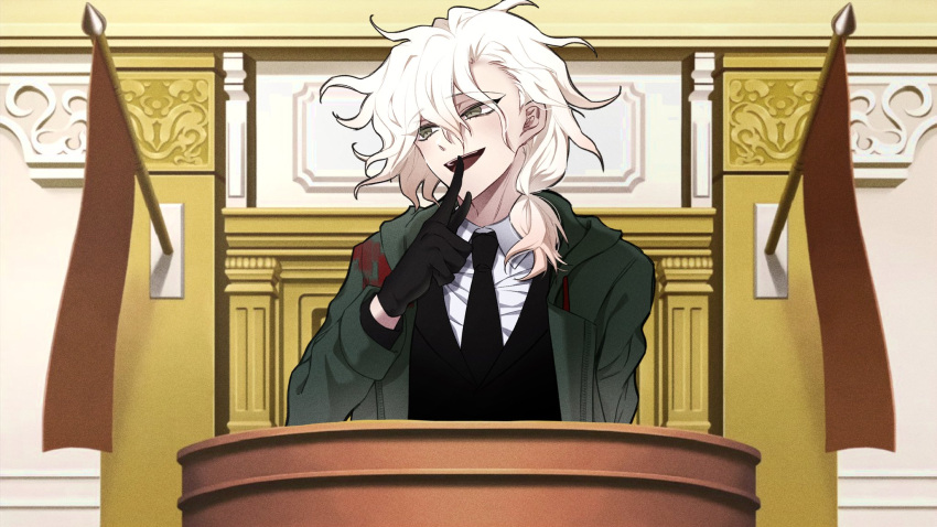 1boy, bangs, black_gloves, black_neckwear, black_suit, collared_shirt, commentary_request, dangan_ronpa_(series)