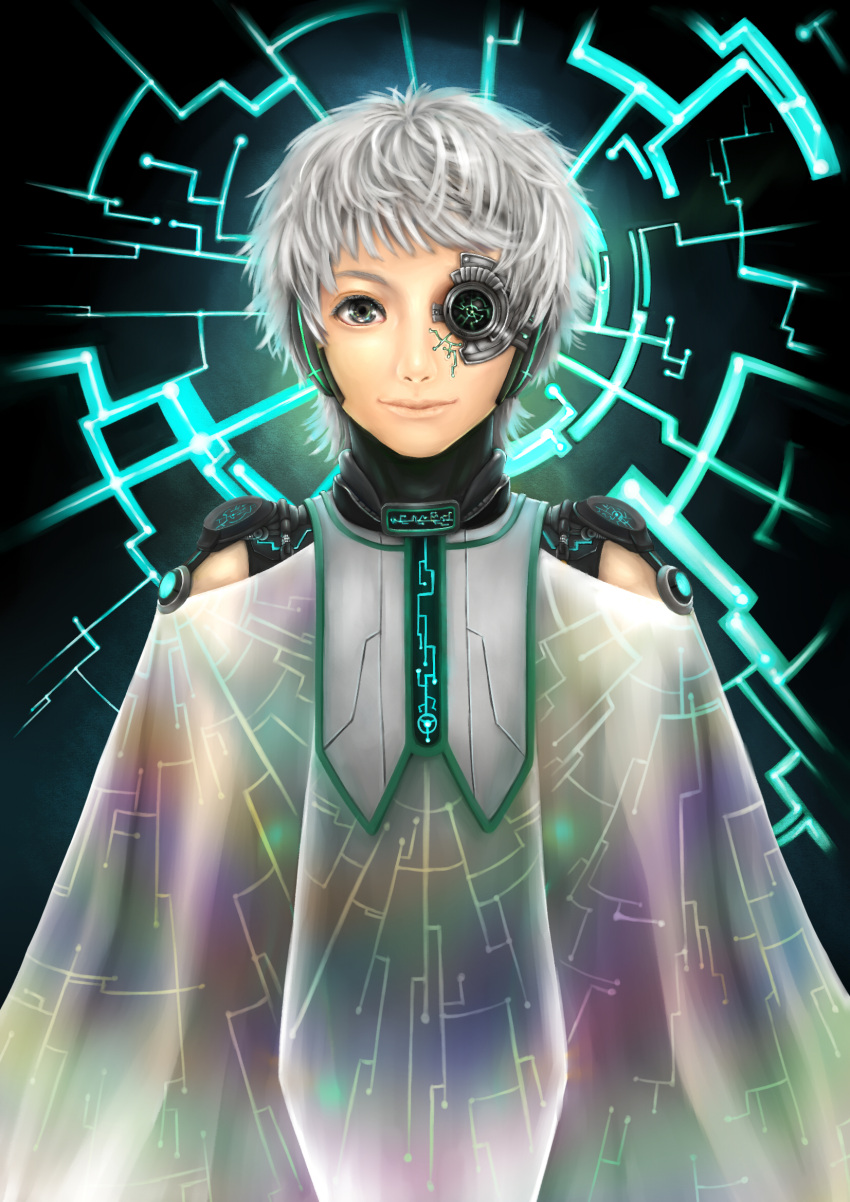 1boy, black_eyes, circuit, closed_mouth, cyberpunk, cyborg, grey_hair, highres, male_focus, original, science_fiction, see-through, smile, solo, turtleneck, yuna_kagachi