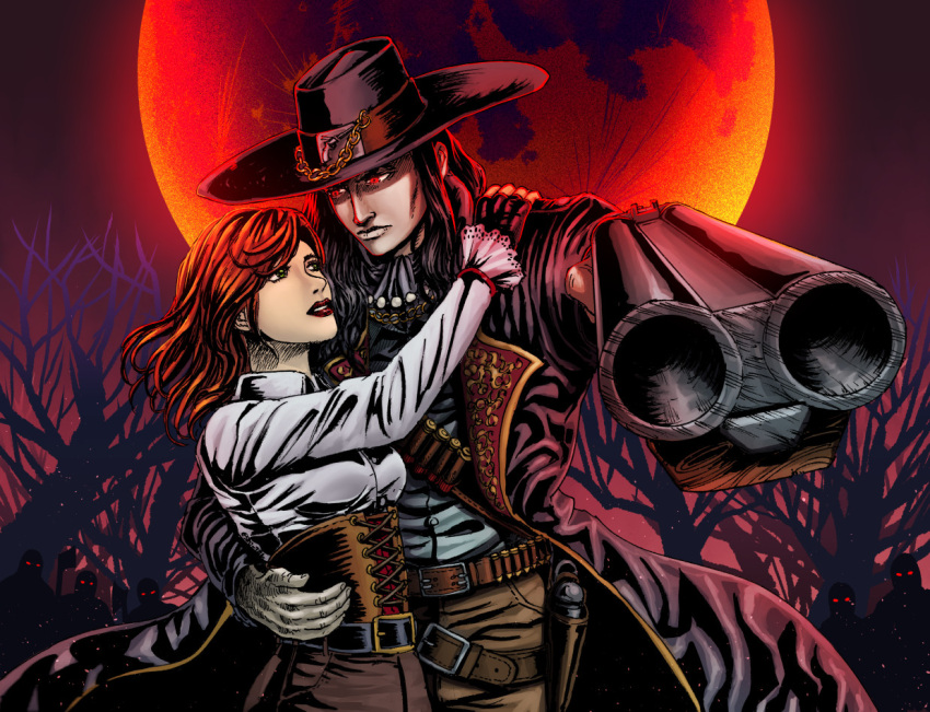 1boy, 1girl, arm_around_waist, axe, axe_zombie_(blood), belt, belt_buckle, black_coat