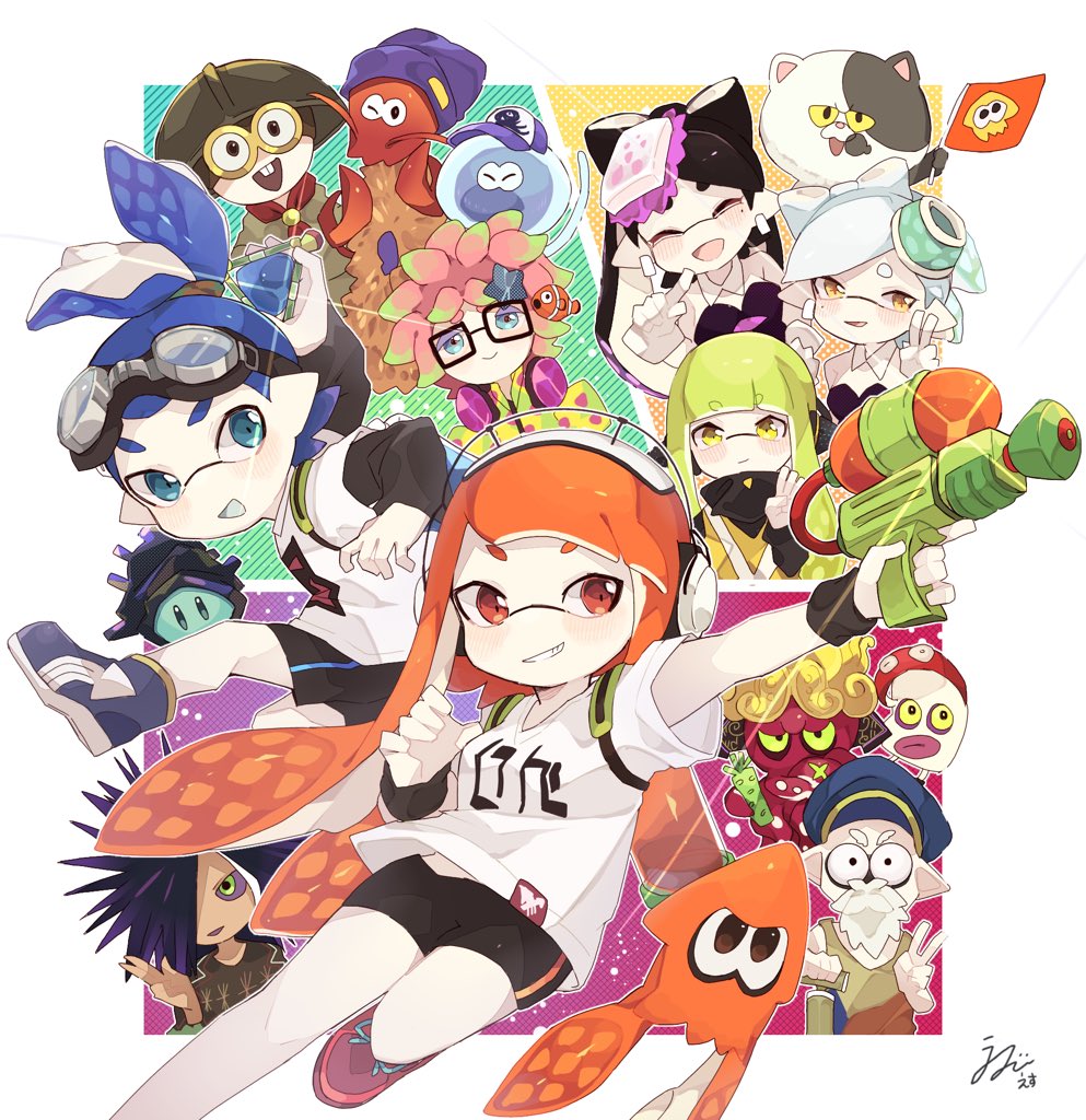 +_+, 5girls, 6+boys, annie_(splatoon), anniversary, artist_name, bangs, beard