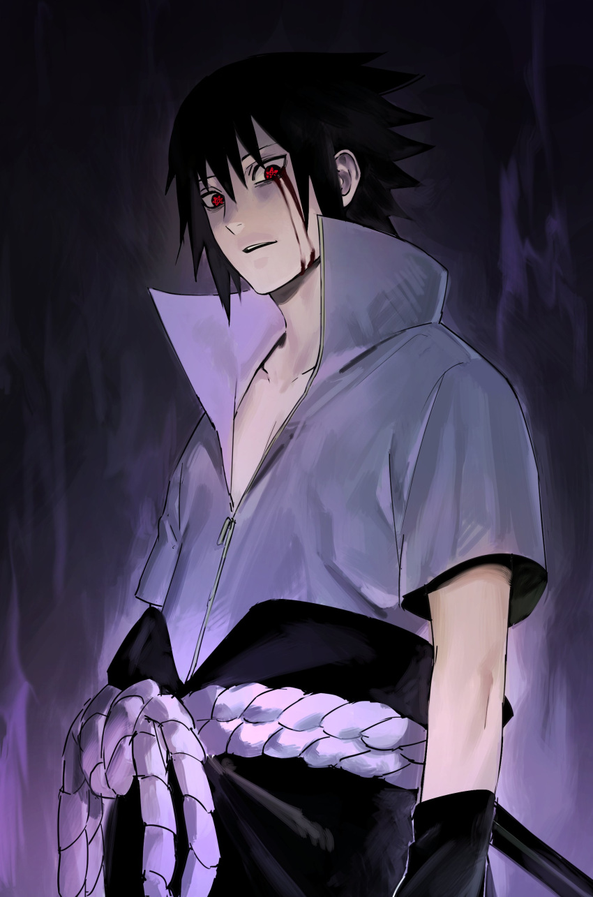 1boy, absurdres, aura, bare_pecs, black_hair, blood, blood_on_face, bloody_tears