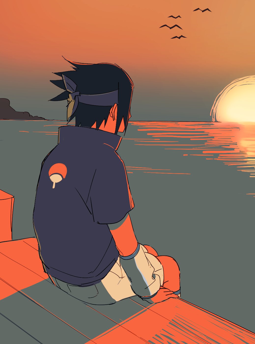 1boy, animal, back, bird, black_hair, dock, flying, headband