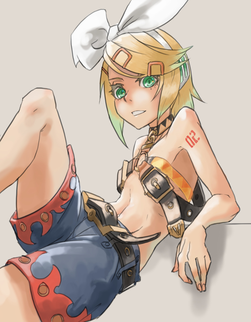 1girl, absurdres, alternate_costume, bare_shoulders, beltbra, blonde_hair, bow, breasts, buckle, choker, collarbone, elbow_rest, flame_print, flat_chest, folded_leg, green_eyes, hair_bow, hair_ornament, hairclip, headphones, highres, kagamine_rin, leg_up, looking_at_viewer, lying, navel, number_tattoo, on_back, short_hair, shorts, shoulder_tattoo, sideboob, sitting, sketch, slit_pupils, tattoo, vocaloid, wawon_(wan_wawon)