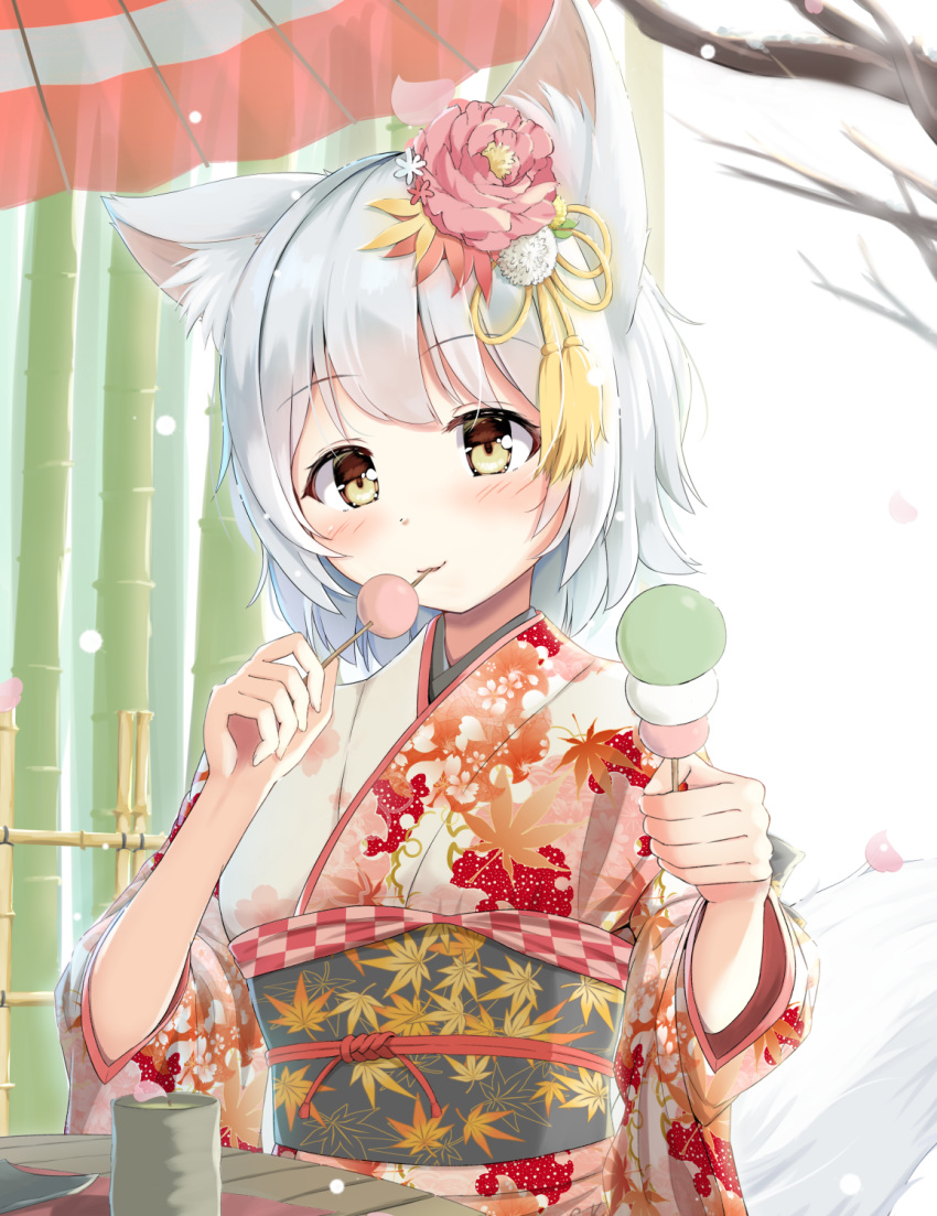 1girl, alternate_costume, animal_ear_fluff, animal_ears, bamboo, bamboo_fence, bare_tree, commentary_request