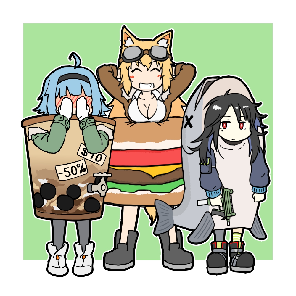 3girls, ahoge, animal_ears, arms_behind_head, blush, bubble_tea, c-ms_(girls_frontline), cbj-ms, closed_eyes, costume, cup, dog_ears, drinking_straw, embarrassed, fish_costume, girls_frontline, grin, gun, hamburger_costume, hands_on_own_face, m500_(girls_frontline), mangaradio, multiple_girls, price_tag, smile, submachine_gun, t91_(girls_frontline), weapon, x_x