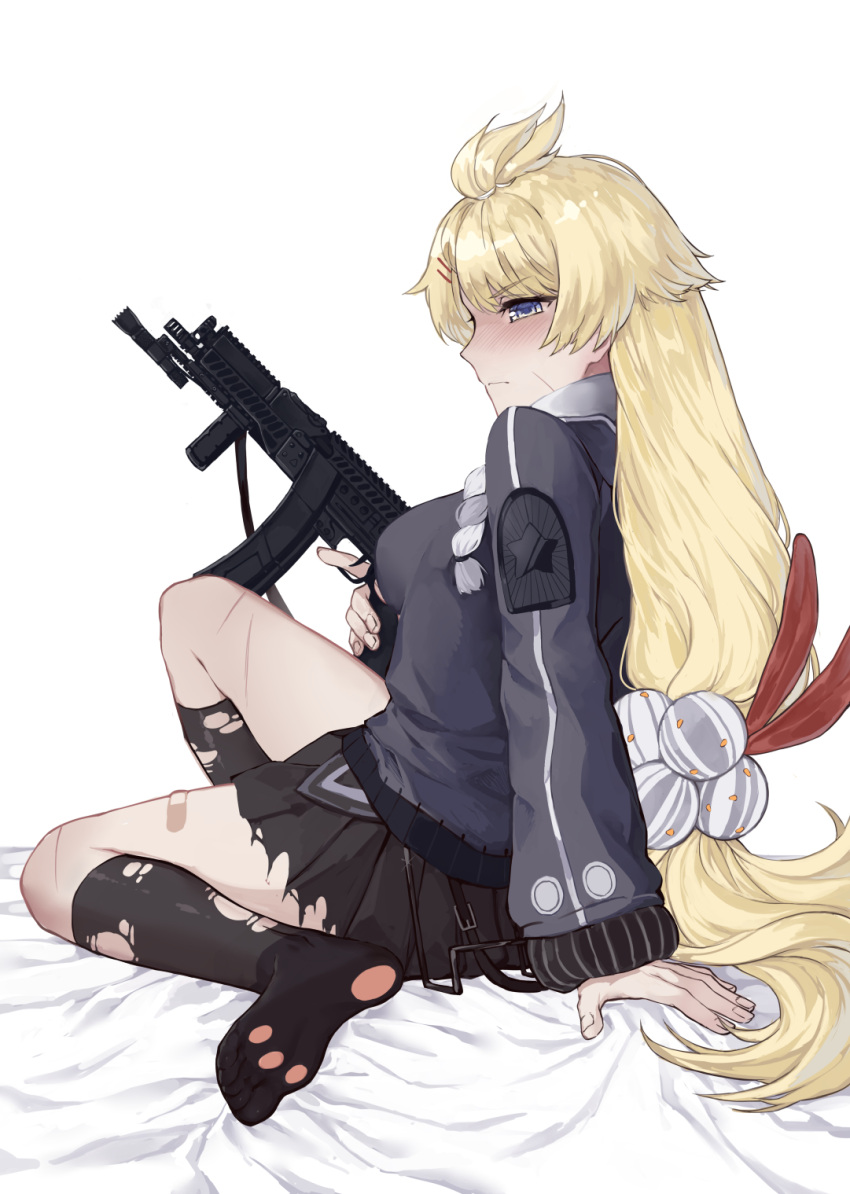 1girl, arm_support, bandaid, bed_sheet, black_skirt, blonde_hair, blue_eyes, blush
