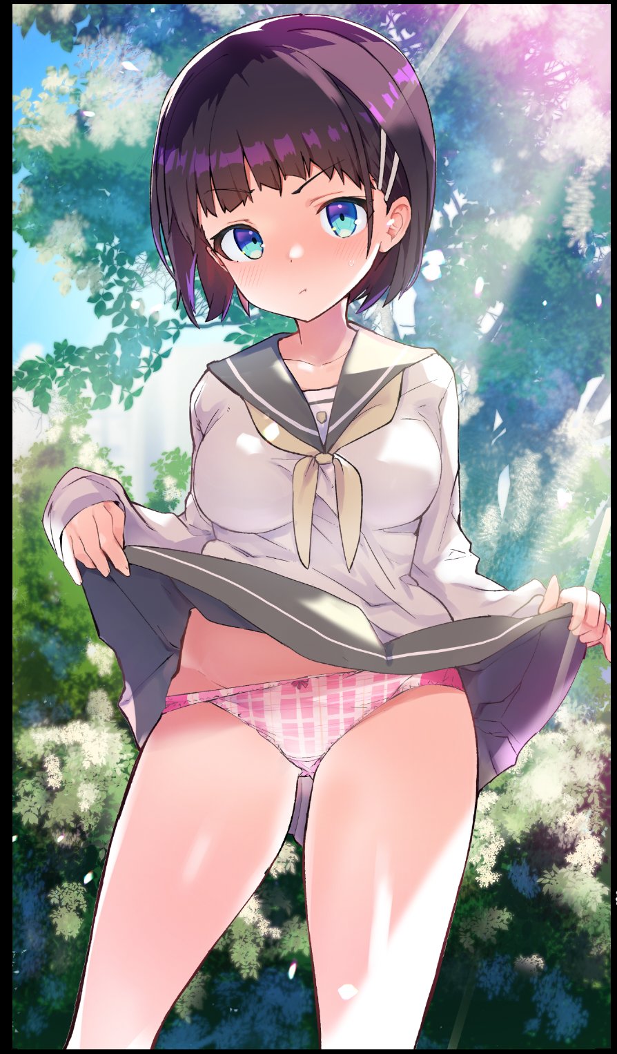 1girl, black_eyes, black_hair, bob_cut, breasts, caburi, commentary_request, cowboy_shot
