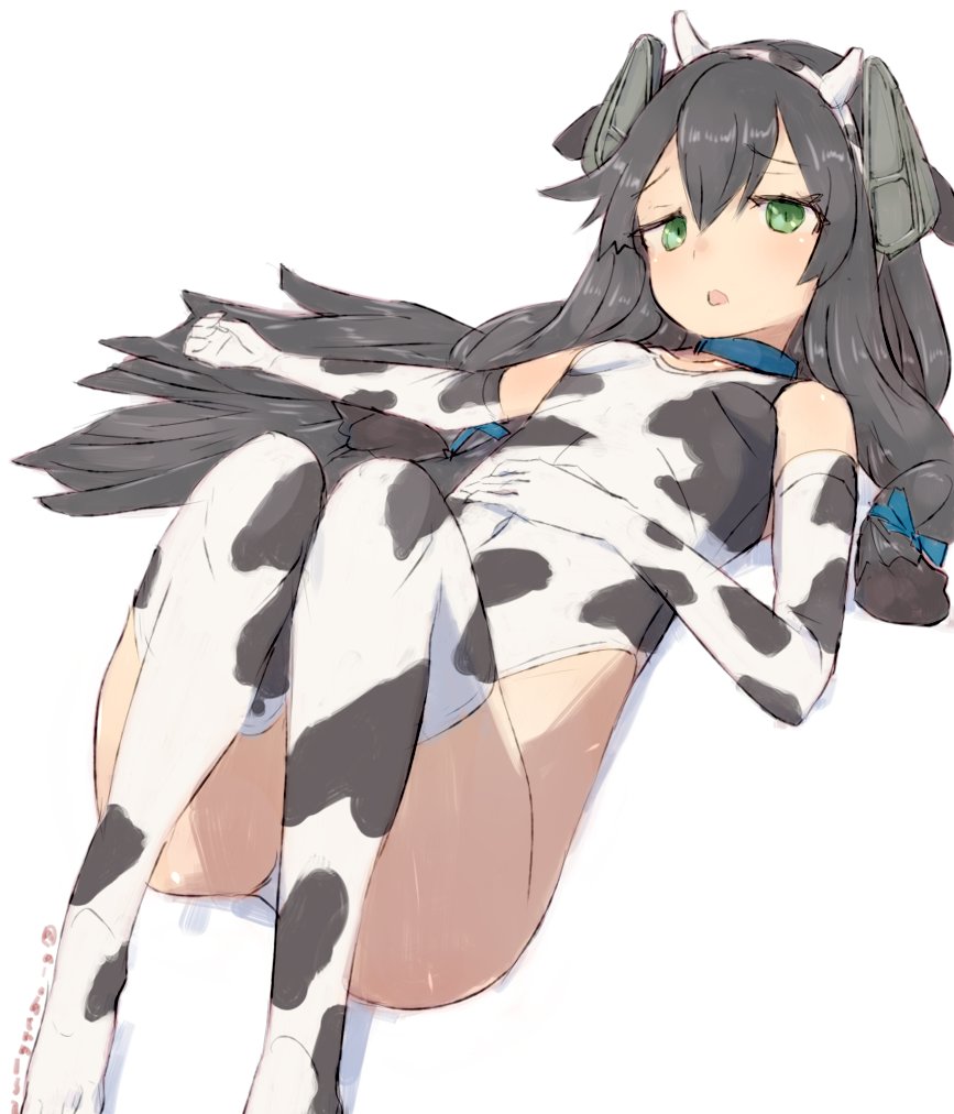 1girl, alchera, animal_ears, black_hair, cow_ears, cow_horns, fake_animal_ears, fake_horns