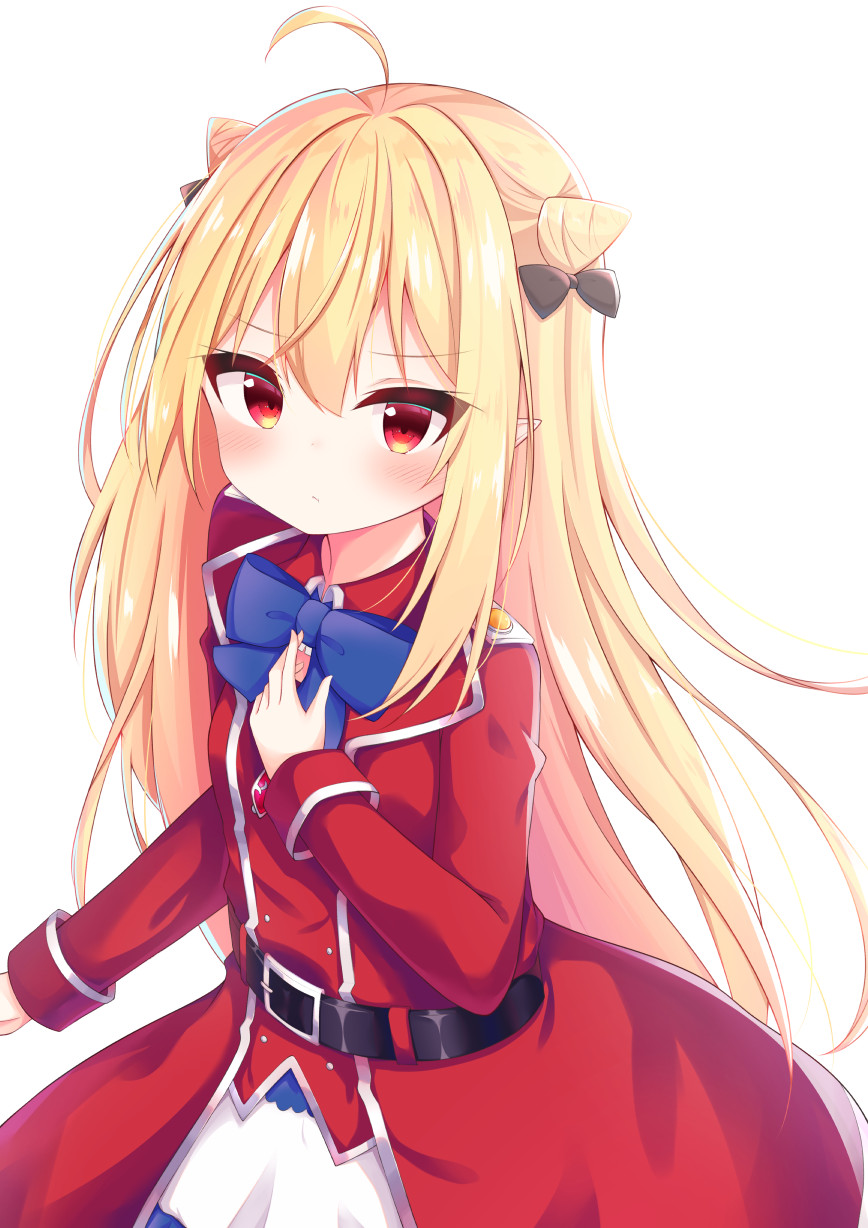 1girl, ahoge, bangs, belt, blonde_hair, blue_neckwear, blush, bow