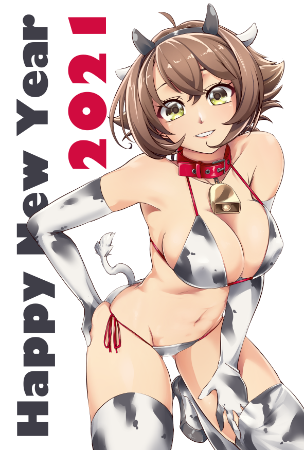 1girl, 2021, animal_ears, animal_print, bell, bikini, breasts, brown_hair