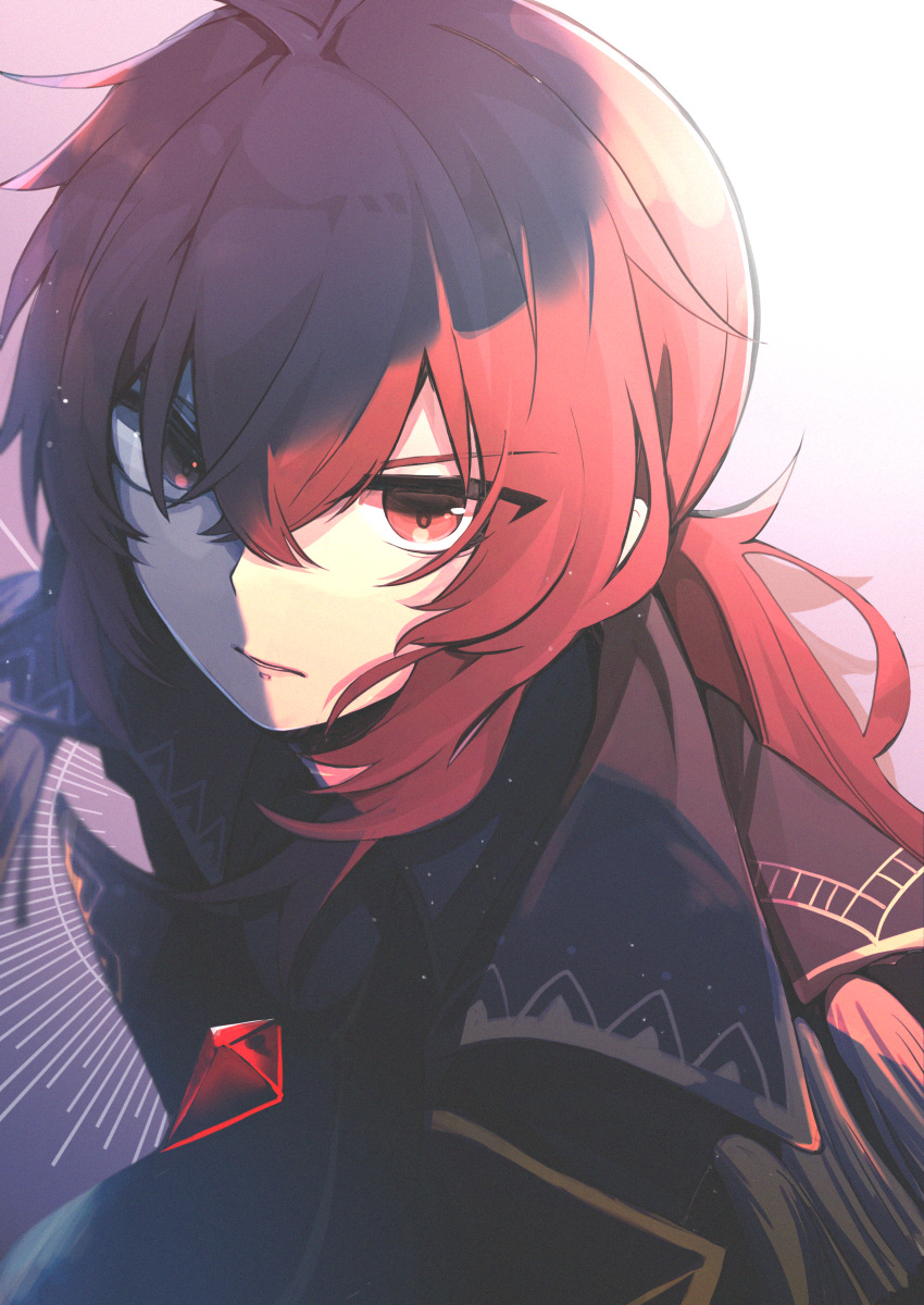 1boy, absurdres, black_jacket, collared_jacket, collared_shirt, diluc_(genshin_impact), epaulettes, furrowed_eyebrows, gem, genshin_impact, hair_between_eyes, highres, huge_filesize, jacket, jewelry, light_particles, long_hair, male_focus, ponytail, red_eyes, redhead, shirt, solo, usako1031