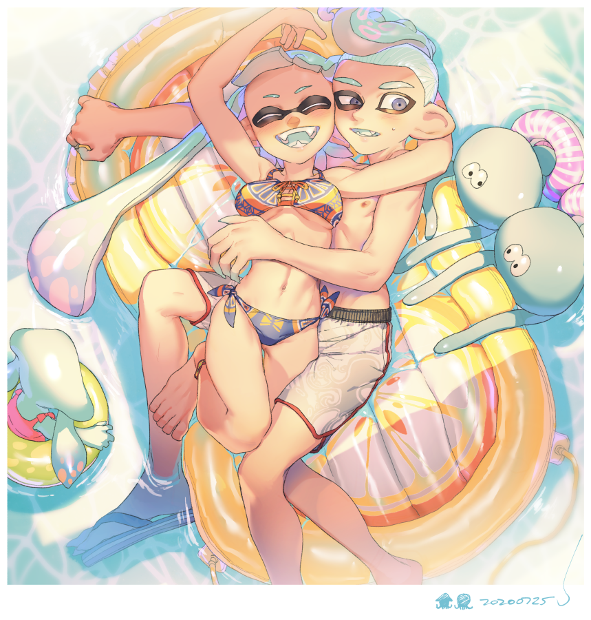 1boy, 1girl, :d, ankle_boots, aqua_hair, aqua_tongue, arms_up, bangs, banonefans, bare_pecs, barefoot, bikini, blunt_bangs, boots, breasts, closed_eyes, commentary, dated, day, domino_mask, fangs, grey_eyes, half-closed_eye, hetero, hug, hug_from_behind, inflatable_raft, inkling, innertube, jellyfish, knee_up, long_hair, looking_at_another, lying, makeup, male_swimwear, mascara, mask, medium_breasts, mohawk, navel, octoling, on_back, on_person, open_mouth, orange_bikini, pointy_ears, pool, print_bikini, sandals, short_hair, side-tie_bikini, smile, splatoon_(series), suction_cups, sunlight, sweatdrop, swim_trunks, swimming, swimsuit, swimwear, tentacle_hair, water