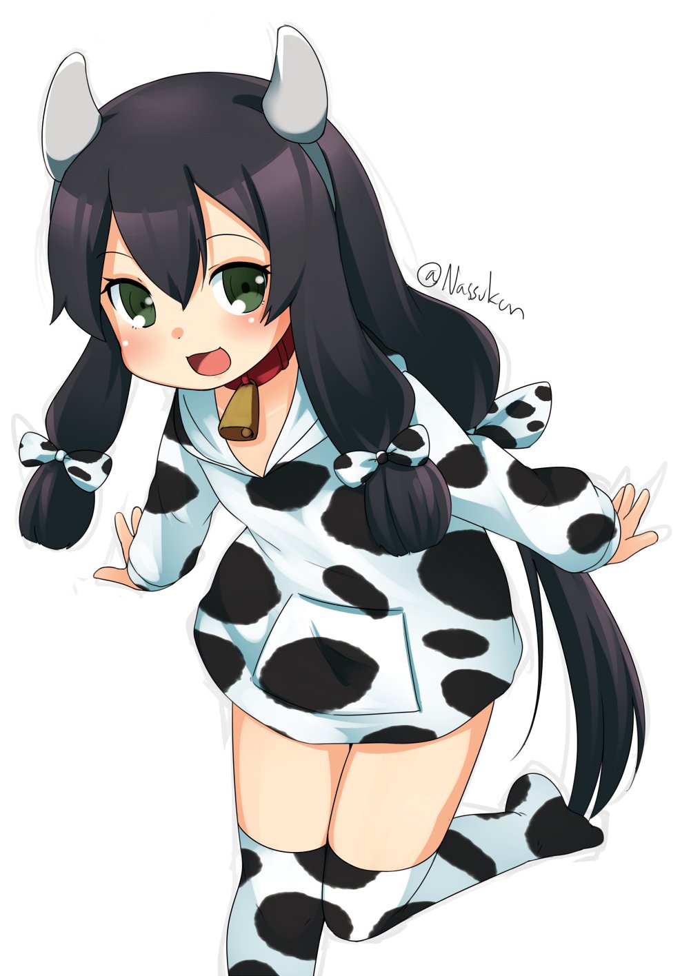 1girl, animal_print, black_hair, commentary_request, cow_horns, cow_print, cowboy_shot, dress