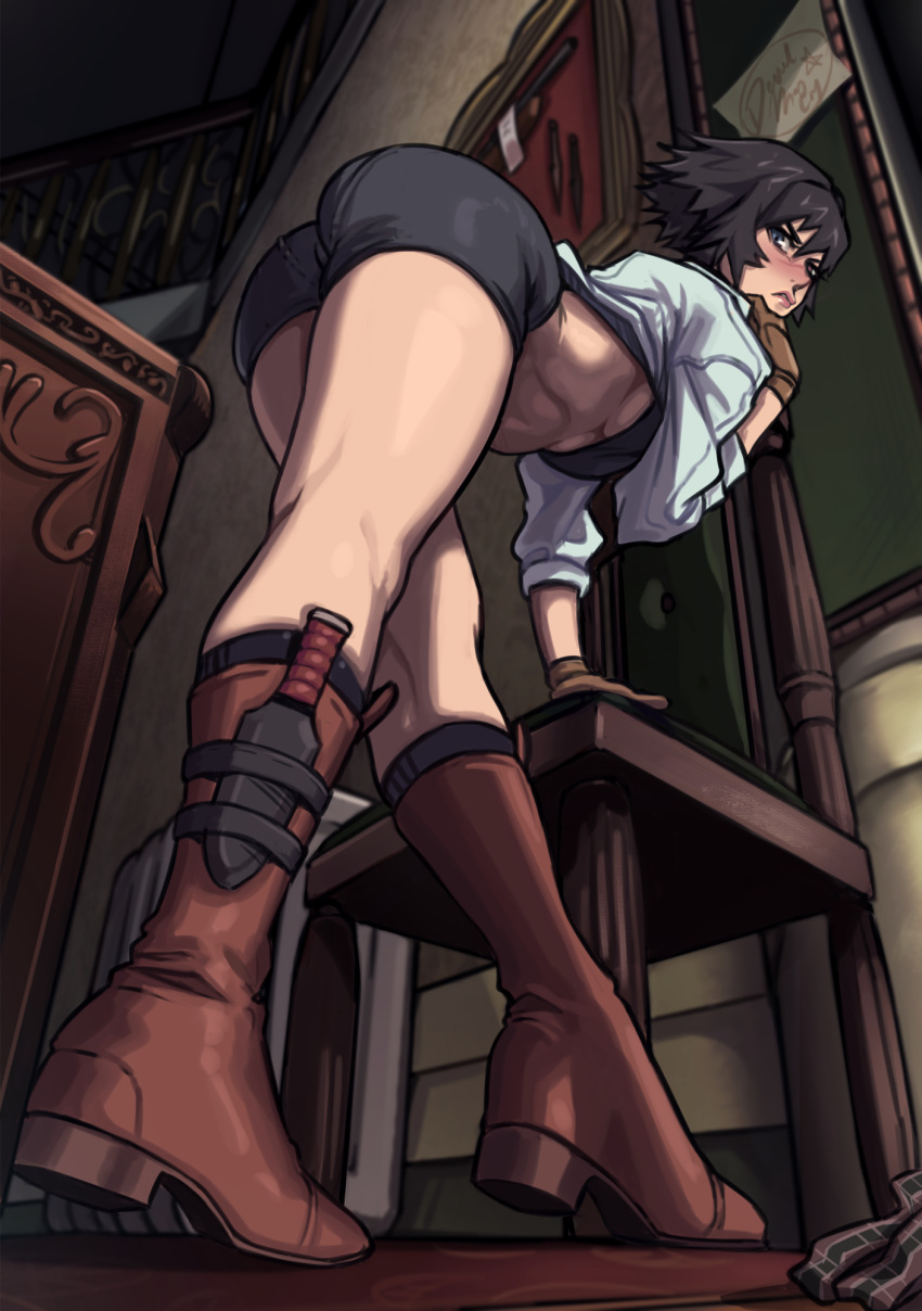 1girl, annoyed, ass, bent_over, black_hair, boots, bra, breasts